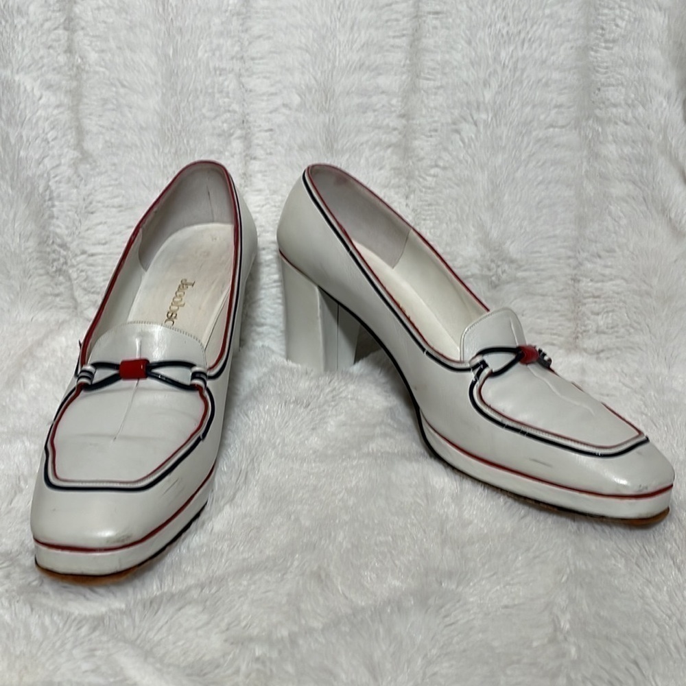 Isabel of Madrid for Jacobson’s White Leather Shoes with Blue & Red Trim